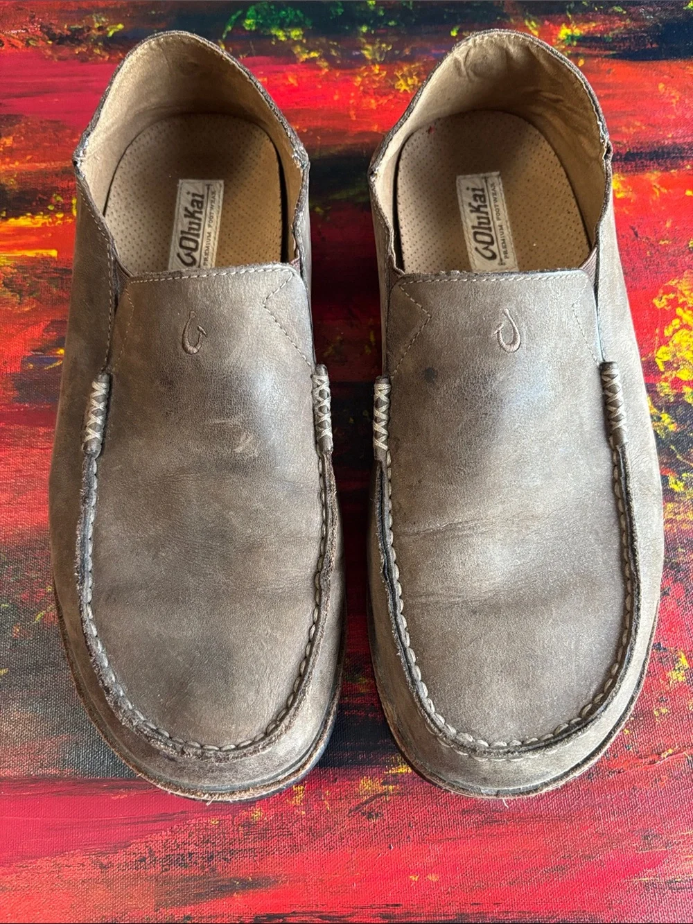 OluKai Men's Slip-On Loafers in Taupe Brown